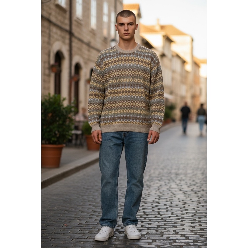 Tricots St Raphael Mens Cotton Geometric Fair Isle Crew Neck Sweater Tan Brown M